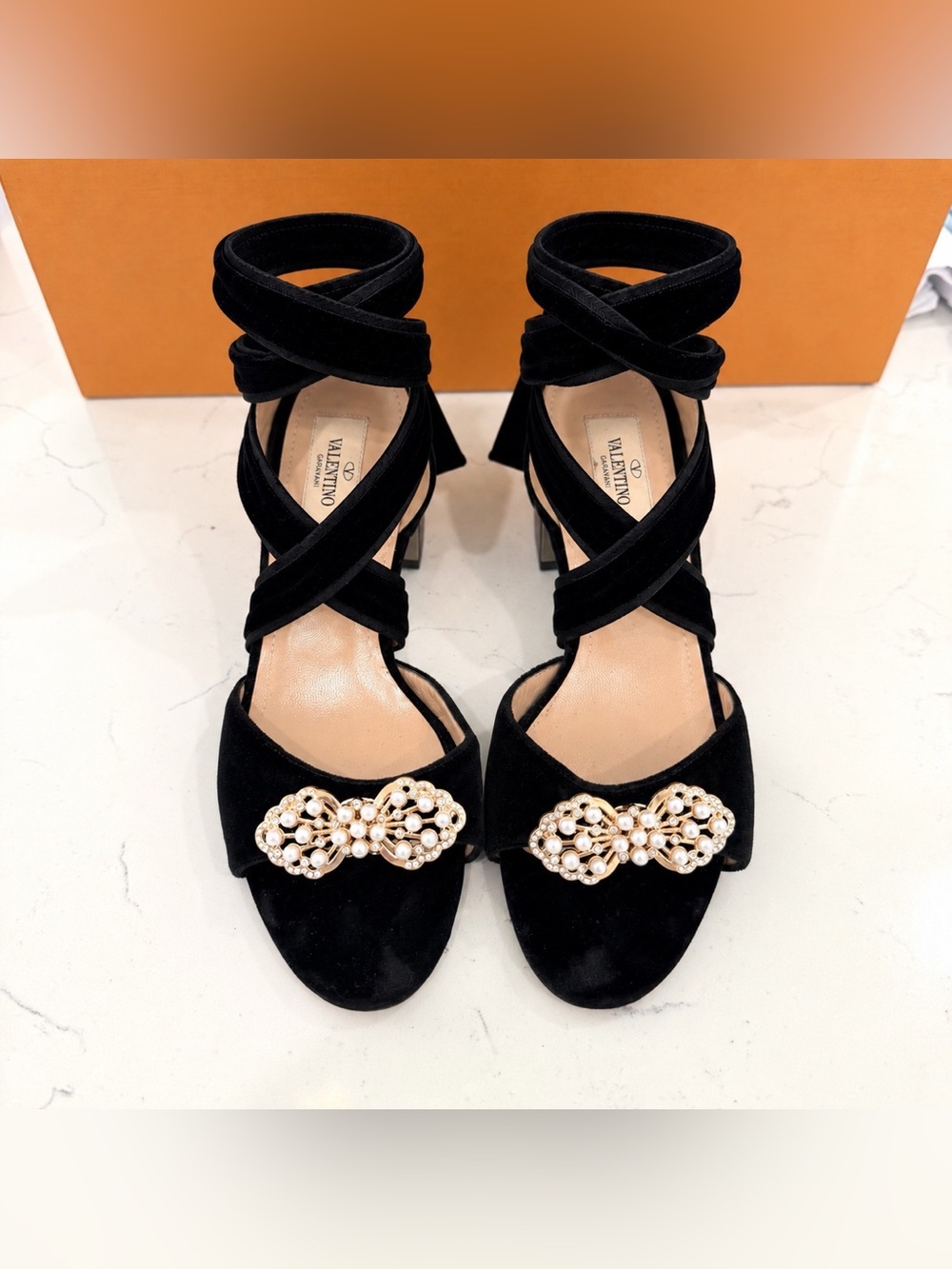 Valentino Garavani Ballet Fever Black Velvet Ankle Wrap Sandals – Size 37.5